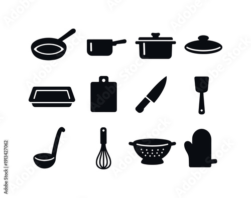 Home kitchen cookware: frying pan, saucepan, stock pot, lid, baking tray, cutting board, chef knife, spatula, ladle, whisk, colander, oven mitt.