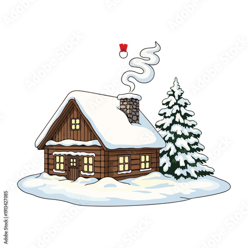 Cozy Snow Covered Cottage with Fir Tree.