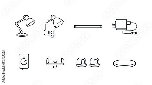 Home desk lighting items: desk lamp, clamp lamp, LED bar, power adapter, dimmer switch, mounting clip, cable clip, base stand.