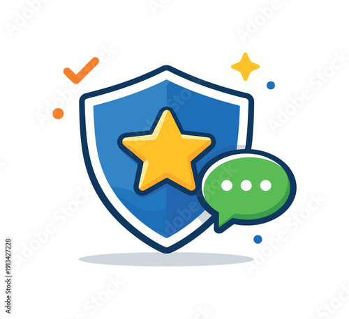 Digital trust and online reputation management for businesses building long term customer relationships, a shield protecting a star icon and a small chat bubble representing