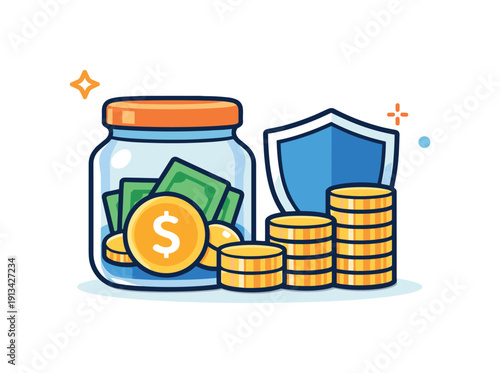 Personal financial security and emergency fund preparation for everyday life, a sealed savings jar paired with stacked coins and a subtle shield representing preparedness and