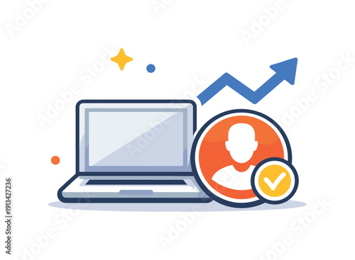 Modern creator entrepreneurship and solo founder ecosystems enabled by digital platforms and automation, a laptop combined with a personal brand badge and a simple growth line