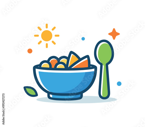 Calm daily habit of preparing a light breakfast to support energy and wellbeing, a bowl paired with a spoon icon representing simple nourishment and morning balance, expressing