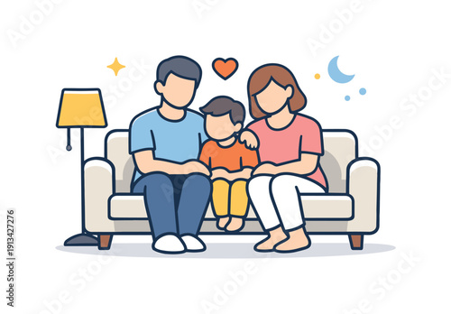 Quiet family evening centered on shared rest and presence without distractions, two adults and a child sitting together on a sofa with a small floor lamp symbolizing warmth and