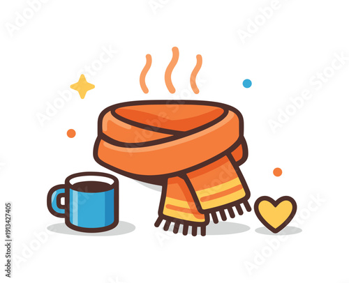 Everyday moment of warmth and relaxation during a quiet break at home, a soft scarf paired with gentle heat lines symbolizing comfort and self soothing, communicating coziness,