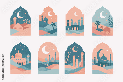 Islamic window frames with Ramadan night scenes. Islamic arch window frames with mosque camel desert night scenes vector illustration Ramadan decorative architecture pink set isolated