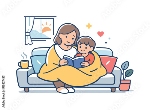 Calm family morning at home focused on gentle togetherness and shared routine before the day starts, an adult and child sitting together on a sofa with a warm blanket and soft