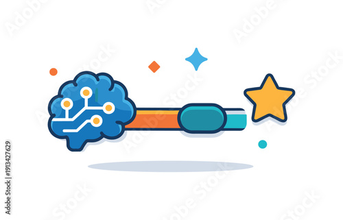 AI personalization and smart recommendations enhancing user engagement across digital platforms and services, a slider control paired with a small brain circuit and a single star