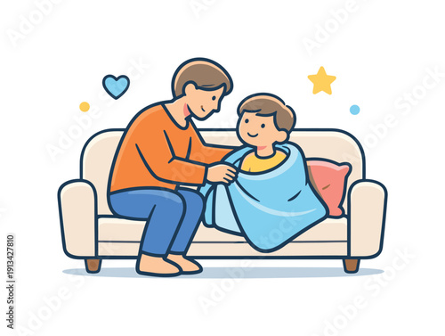 Everyday family care expressed through simple supportive action in daily home life, a parent gently tucking a blanket around a child sitting on a sofa with a small cushion
