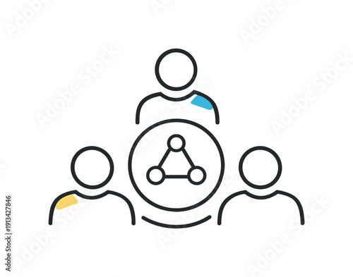 Clear team coordination and shared understanding in professional collaboration settings emphasizing alignment, three simple connected figures around a central circle symbolizing
