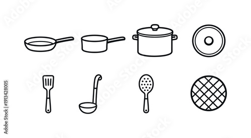 Home kitchen cookware: frying pan, saucepan, stock pot, lid cover, spatula, ladle, slotted spoon, trivet.