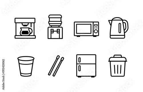 Office break room appliances: coffee machine, water dispenser, microwave oven, electric kettle, mini fridge, paper cup, stir stick, trash bin.