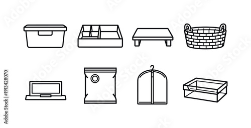 Home organization tools: storage bin, drawer organizer, shelf riser, storage basket, label holder, vacuum bag, garment cover, shoe box.