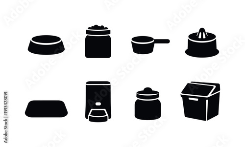 Pet feeding items: pet bowl, food container, measuring scoop, water fountain, treat jar, feeding mat, automatic feeder, storage bin.
