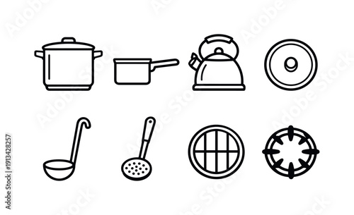Home kitchen boiling tools: stock pot, saucepan, kettle, lid cover, ladle, slotted spoon, trivet, stove burner.