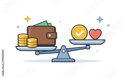 Personal financial stability and mindful spending habits in everyday life highlighting awareness and control, a wallet combined with stacked coins and a simple balance scale
