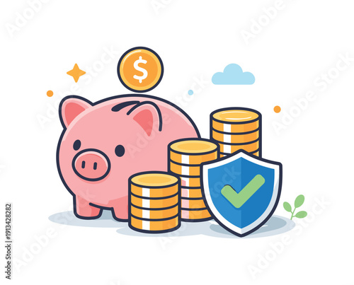 Personal financial resilience and smart saving habits in everyday life highlighting preparedness and stability, a piggy bank combined with stacked coins and a small shield icon