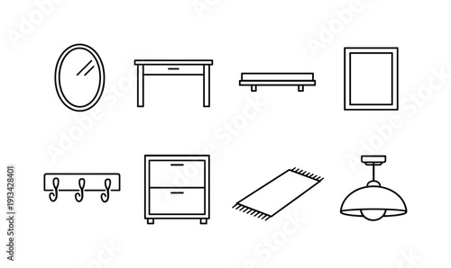 Home hallway fixtures: wall mirror, console table, wall shelf, picture frame, coat hook, shoe cabinet, floor runner, ceiling light.