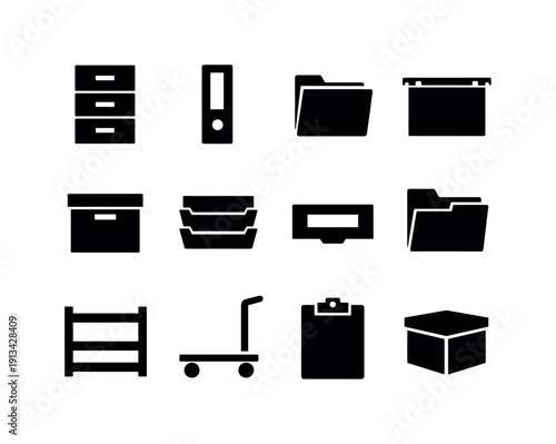 Office filing system: filing cabinet, ring binder, file folder, hanging folder, archive box, document tray, label holder, divider tab, storage shelf, trolley cart, clipboard,