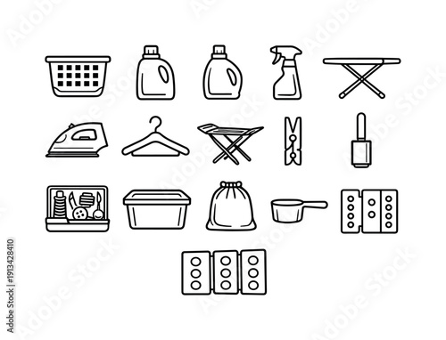 Home laundry accessories: laundry basket, detergent bottle, fabric softener bottle, stain remover spray, ironing board, iron, clothes hanger, drying rack, clothes peg, lint roller,