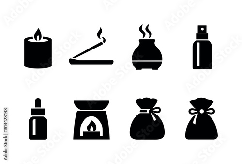 Home fragrance items: scented candle, incense stick, incense holder, oil diffuser, fragrance oil bottle, room spray bottle, wax burner, sachet bag.