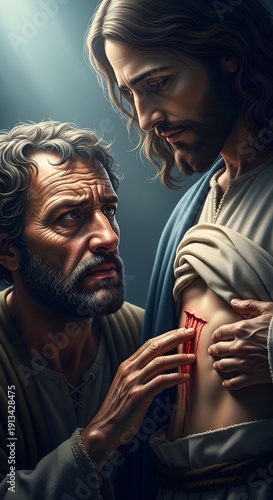 Doubting Thomas Touches Jesus Christ's Side Wound, Verifying Resurrection in a Dramatic Religious Depiction