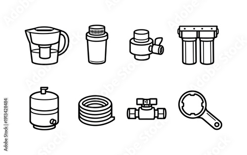 Home water filtration items: water filter pitcher, filter cartridge, faucet adapter, under-sink filter, storage tank, tubing coil, shutoff valve, wrench tool.