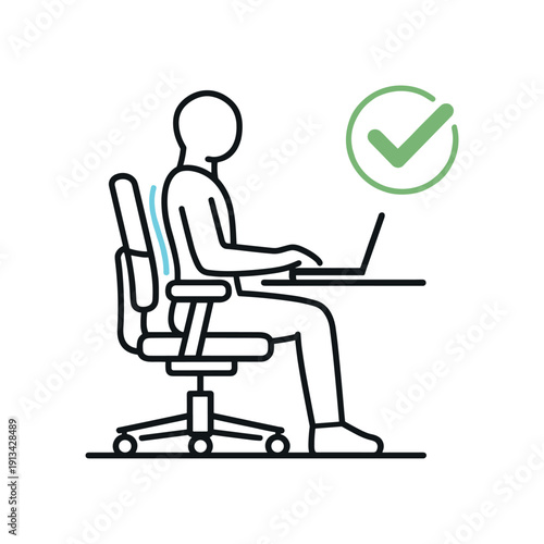 Healthy posture and ergonomics in a daily work routine emphasizing comfort and long term wellbeing, a seated figure aligned with a chair and a subtle checkmark representing correct