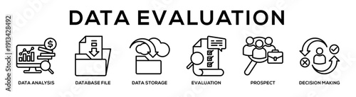Line - Data Evaluation web banner icon vector illustration concept for business with icon of Data Analysis, Database File, Data Storage, Evaluation, Prospect, Decision.