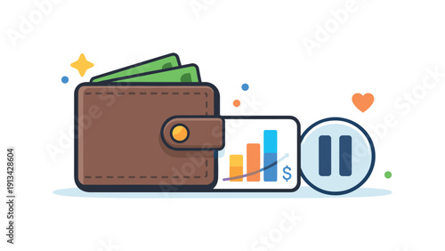 Personal financial awareness and mindful spending habits in everyday life, a simple wallet paired with a minimal chart card and a pause symbol representing conscious