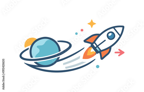 Momentum gained from alignment and preparation in long term goals expressed through cosmic acceleration, a spacecraft smoothly transitioning from slow orbit into a clear forward