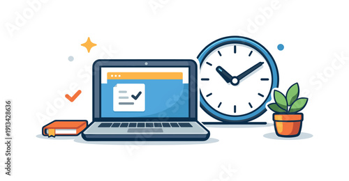 Remote work productivity and structured home office routine for modern professionals, a laptop on a clean desk paired with a clock and a small plant symbolizing focus, time control