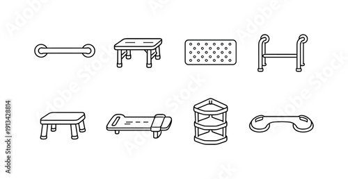 Home bathroom safety items: grab bar, shower seat, non slip mat, toilet rail, step stool, bath board, corner shelf, suction handle.