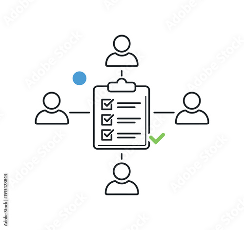 Clear team alignment and shared accountability in a collaborative business environment highlighting structure and trust, multiple user icons connected to a central checklist