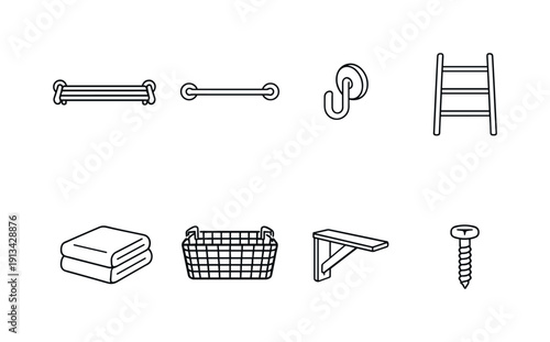 Home bathroom towel storage: towel rack, towel bar, towel hook, ladder rack, shelf bracket, folded towel, storage basket, mounting screw.