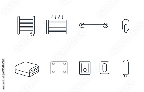 Home bathroom towel drying items: towel warmer, heated rail, towel bar, wall hook, folded towel, mounting bracket, power switch, cable cover.
