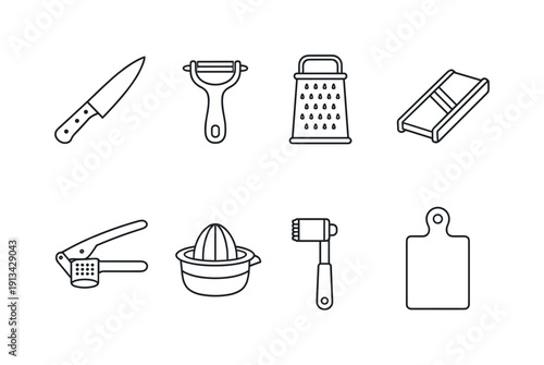 Kitchen food prep tools: chef knife, peeler, box grater, mandoline slicer, garlic press, citrus juicer, meat tenderizer, cutting board.