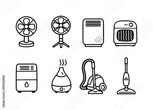 Home electrical appliances: table fan, floor fan, air purifier, space heater, dehumidifier, humidifier, vacuum cleaner, steam mop.