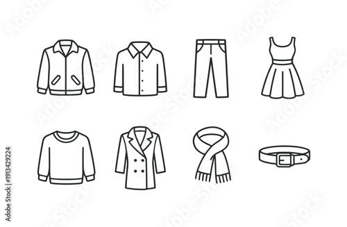 Home closet clothing items: jacket, shirt, trousers, dress, sweater, coat, scarf, belt.