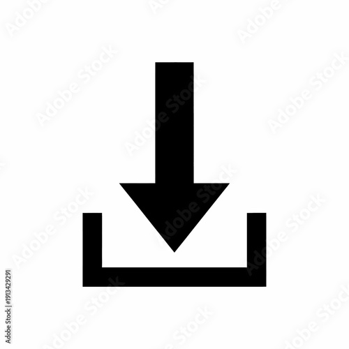 Minimalist vector download icon featuring a bold arrow pointing into a box, representing data acquisition and file transfer for digital interfaces
