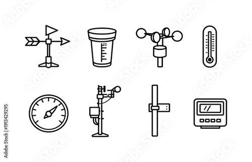 Home weather station items: weather vane, rain gauge, anemometer, outdoor thermometer, barometer, sensor mast, mounting pole, data logger.