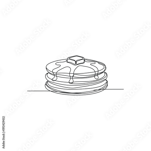 Single line drawing of stack of pancakes with butter and syrup on white background
