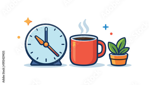 Healthy work-life balance and sustainable daily routines for busy professionals, a desk clock paired with a coffee cup and a small plant symbolizing mindful pacing and recovery,