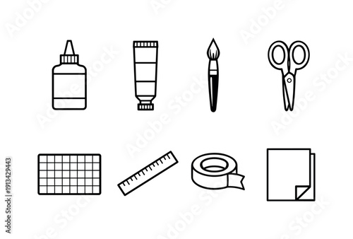 Craft hobby supplies: glue bottle, paint tube, paintbrush, craft scissors, cutting mat, ruler, washi tape roll, craft paper sheet.