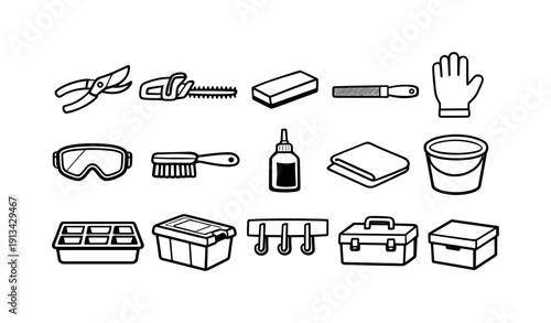 Home outdoor garden tool maintenance items: pruning shears, hedge trimmer, sharpening stone, file tool, safety glove, safety goggles, cleaning brush, oil bottle, rag cloth, bucket,