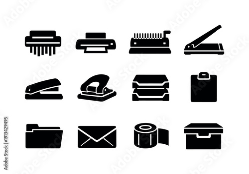 Office document handling tools: paper shredder, laminator, binding machine, paper cutter, stapler, hole punch, document tray, clipboard, file folder, envelope, label roll, storage