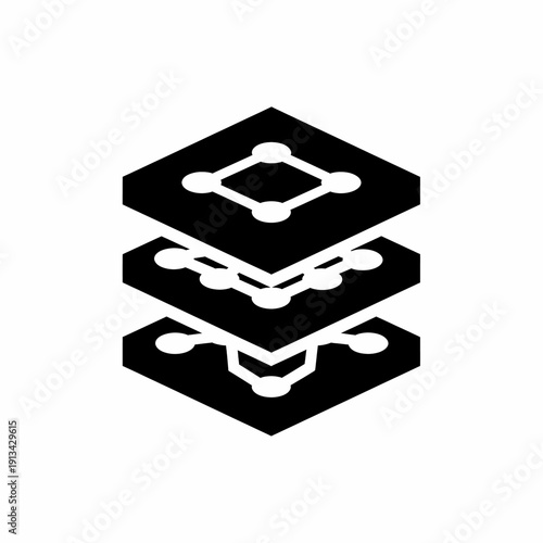 Abstract layered structure icon visualizing interconnected data networks, digital information flow, and robust technological architecture concept