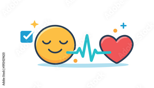 Workplace mental health check-in and emotional awareness integrated into daily routines emphasizing care and balance, a calm face icon paired with a heart and a gentle pulse line