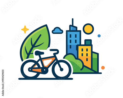 Sustainable commuting and eco-conscious transportation choices in daily urban life, a bicycle paired with a small leaf and a city icon symbolizing low-impact travel and mindful