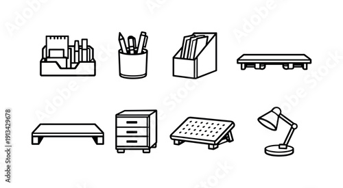 Professional office desk organization: desk organizer, pen holder, document holder, cable tray, monitor stand, drawer unit, footrest, desk lamp.